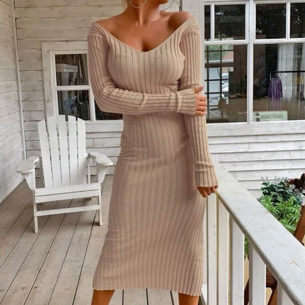 Kathy Ribbed Knit Long Sleeve Midi Sweater Dress